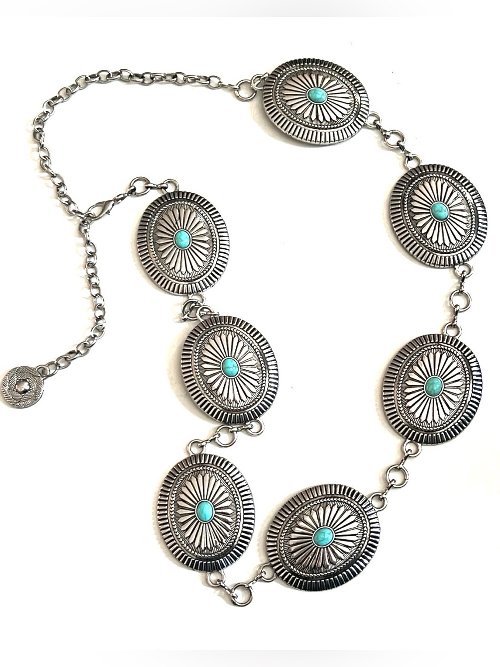 Concho Belt Silvertone with Turquoise Cabachons
